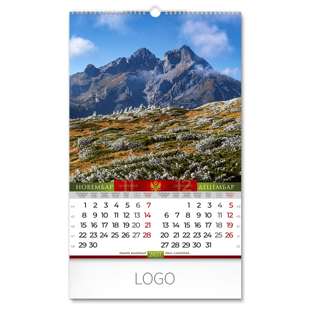 CRNA GORA, zidni kalendar: 7 listova, dvomesečni. SKU: 70015